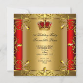 Prins First 1st Birthday Boy Red Gold Crown Kaart (Achterkant)