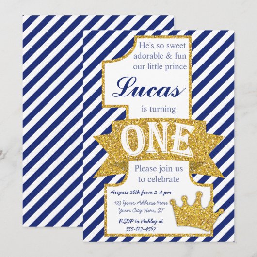 Prins First Birthday Uitnodiging met enveloppen (Voorkant / Achterkant)