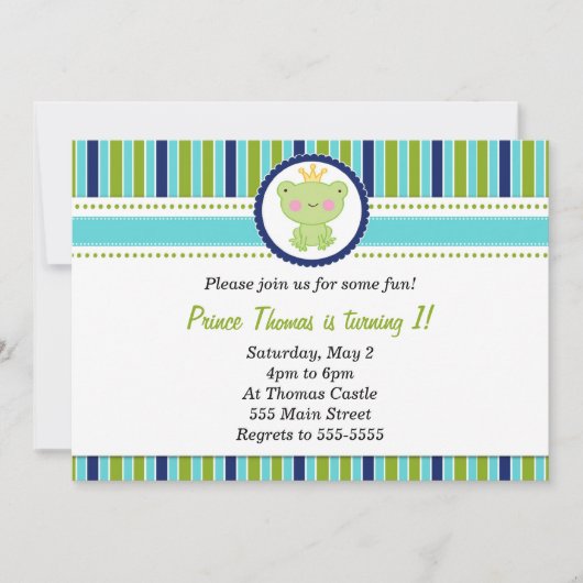 Prins Frog Invitation Boy Birthday Party Green Kaart (Voorkant)