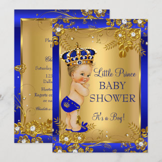 Prins Jongen Baby Shower Goud Blauw Bloemig Blond Kaart