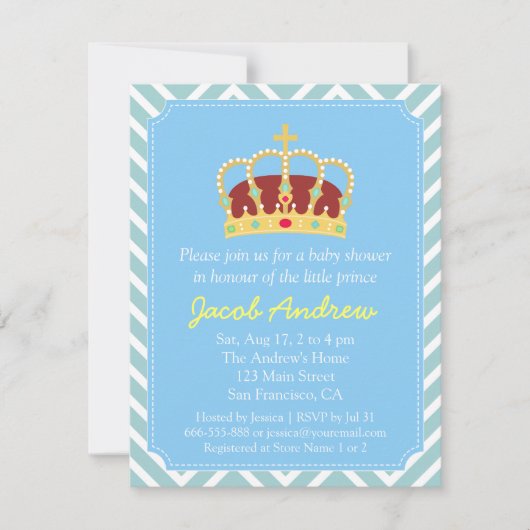 Prins kroon babyshower blauw wit chevron kaart (Voorkant)