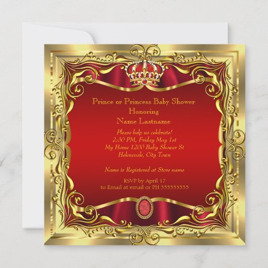 Prins of Prinses Baby Shower Rood Goud Kaart (Achterkant)