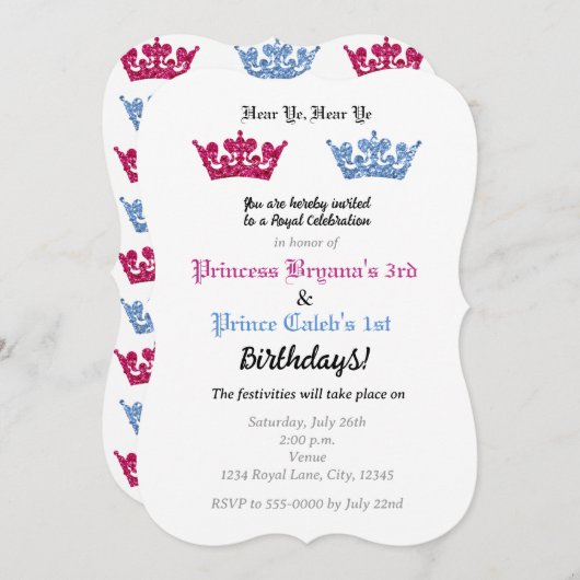 Prins Prinses Kronen Tweeling Feest Roze & Blauw Kaart (Voorkant / Achterkant)