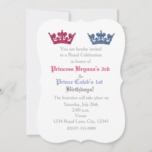 Prins & Prinses Kronen Tweeling Feest Uitnodiging (Voorkant)