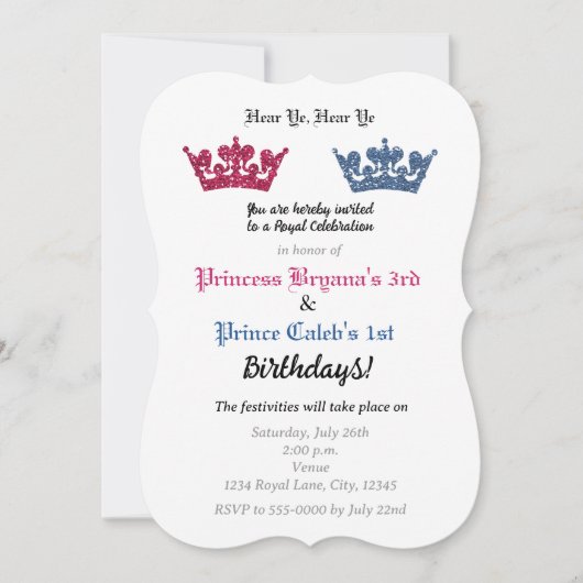 Prins & Prinses Kronen Tweeling Feest Uitnodiging (Voorkant)