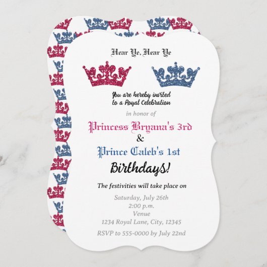 Prins & Prinses Kronen Twins Party Uitnodiging (Voorkant / Achterkant)