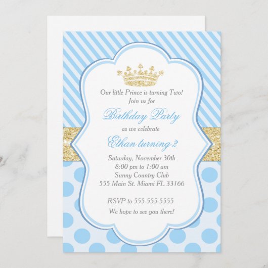 Prins Verjaardagsfeest Uitnodiging Blauw Goud Glit (Voorkant / Achterkant)