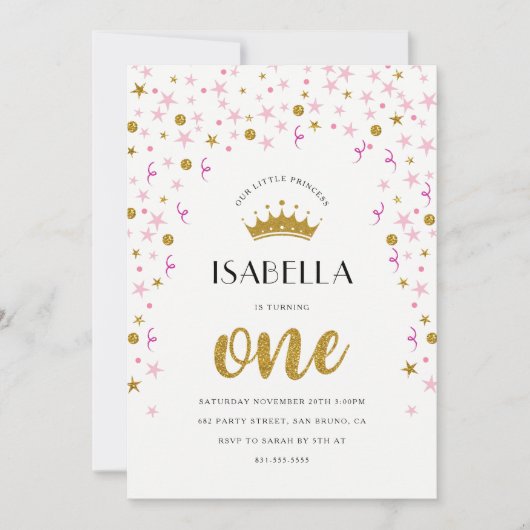 Prinses 1e verjaardag | Gouden & Roze Confetti Kaart (Voorkant)