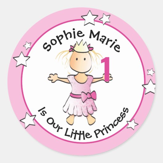 Prinses 1e Verjaardag Sweet PInk Schattigee Cartoo Ronde Sticker (Voorkant)