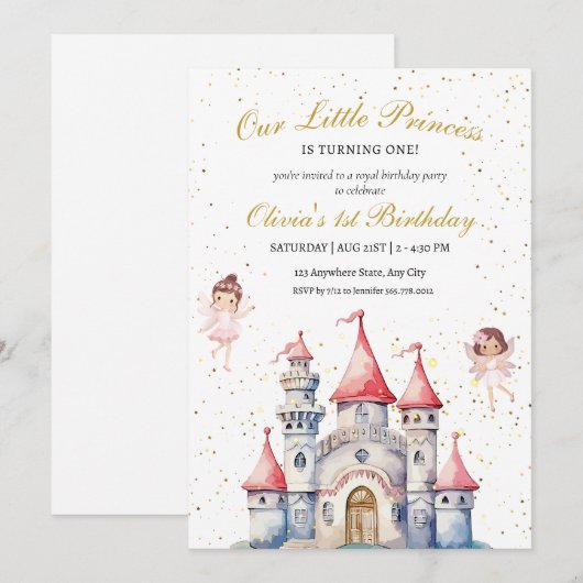 Prinses 1e Verjaardag Uitnodiging ,Princess Castle (Voorkant / Achterkant)
