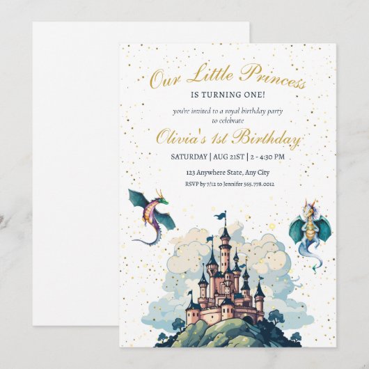 Prinses 1e verjaardag uitnodiging, Prinses feest (Voorkant / Achterkant)