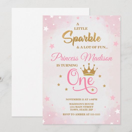 Prinses 1e Verjaardag Uitnodiging, Roze & Goud Kaart (Voorkant / Achterkant)
