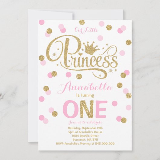 Prinses 1e Verjaardag Uitnodiging Roze Goud Uitnod (Voorkant)