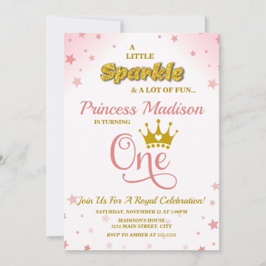 Prinses 1e Verjaardag Uitnodiging Sparkle Pink Gol (Voorkant)