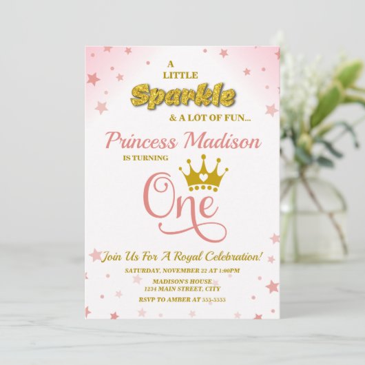 Prinses 1e Verjaardag Uitnodiging Sparkle Pink Gol (Staand voorkant)