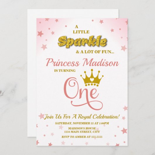 Prinses 1e Verjaardag Uitnodiging Sparkle Pink Gol (Voorkant / Achterkant)
