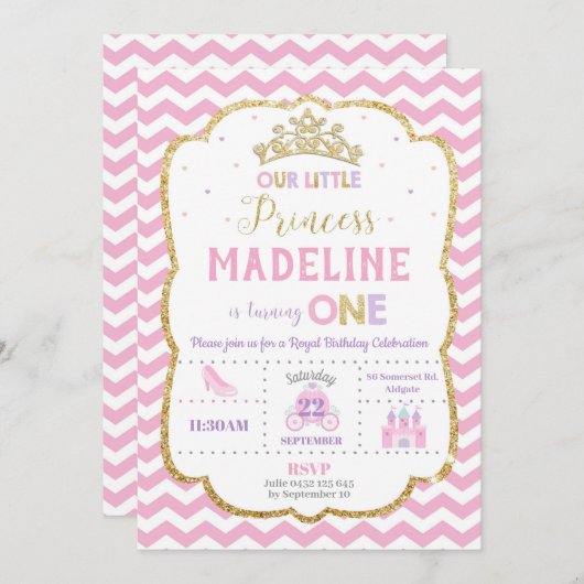 Prinses 1e verjaardag Uitnodigingen Roze en Goud (Voorkant / Achterkant)