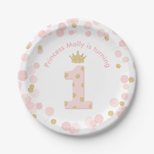 Prinses 1e Verjaardagsfeest Roze Gouden Confetti Papieren Bordje (Voorkant)