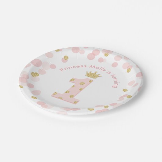 Prinses 1e Verjaardagsfeest Roze Gouden Confetti Papieren Bordje (Gekanteld)