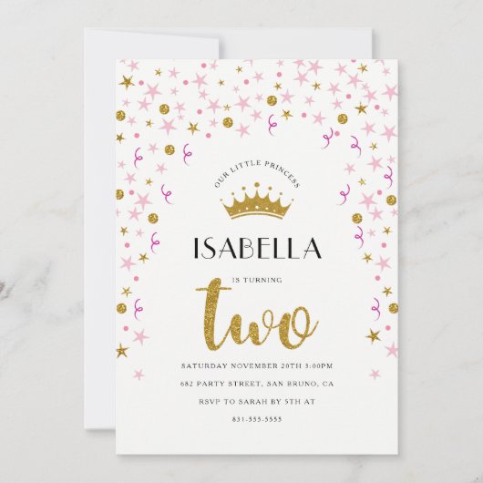 prinses 2e verjaardag | Goud en roze Confetti Kaart (Voorkant)