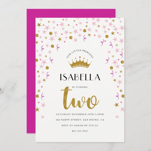 prinses 2e verjaardag | Goud en roze Confetti Kaart (Voorkant / Achterkant)