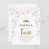 Prinses 2e verjaardag | Gouden & Roze Confetti Uitnodiging Briefkaart (Voorkant / Achterkant)