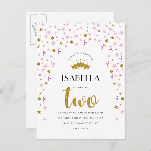 Prinses 2e verjaardag | Gouden & Roze Confetti Uitnodiging Briefkaart (Voorkant / Achterkant)