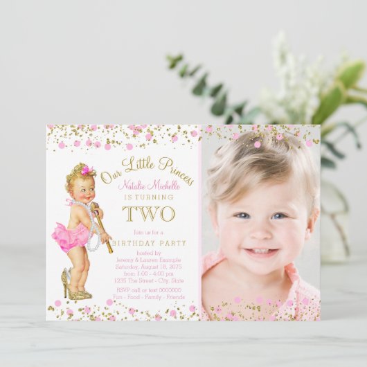 Prinses 2e Verjaardag Roze Gouden Foto Uitnodiging (Staand voorkant)