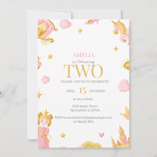 Prinses 2e Verjaardag Uitnodiging - Roze & Goud (Voorkant)