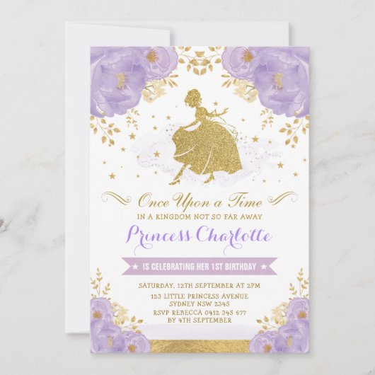 Prinses Assepoester Paarse Gouden Bloemen Verjaard Kaart (Voorkant)
