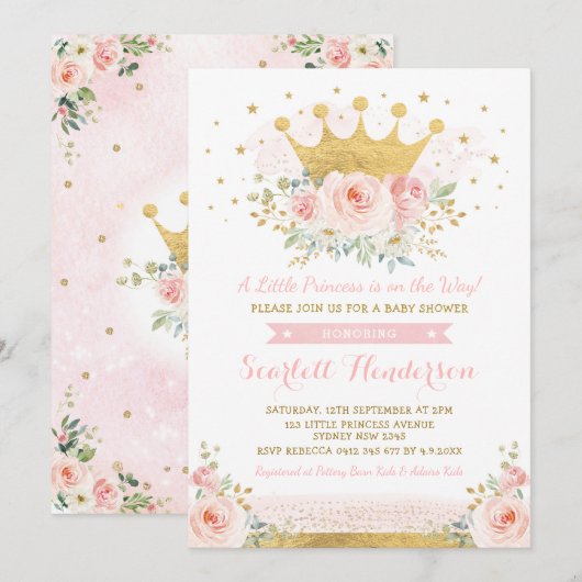  prinses Baby Girl Shower Blush Pink Floral Kaart (Voorkant / Achterkant)