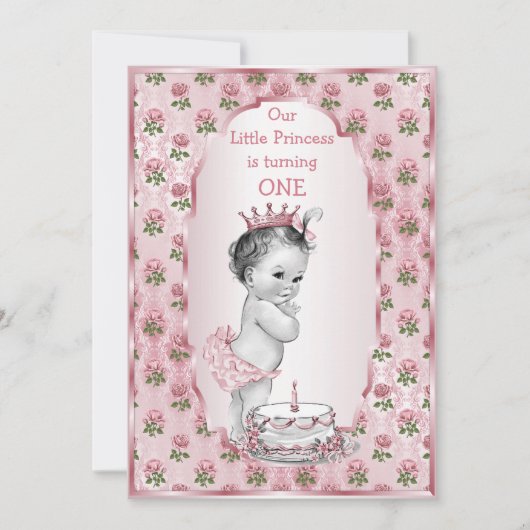  Prinses Baby Roze Rozen 1e Verjaardagstaart Kaart (Voorkant)