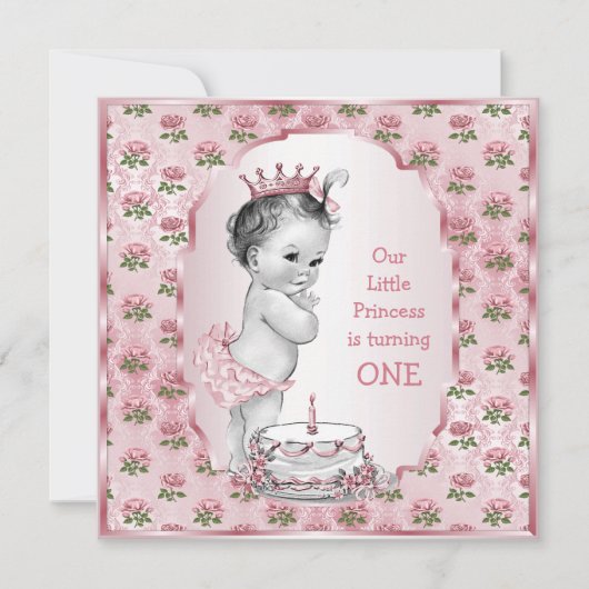  Prinses Baby Roze Rozen 1e Verjaardagstaart Kaart (Voorkant)