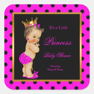 Prinses baby shower meisje hete roze zwart brunett vierkante sticker