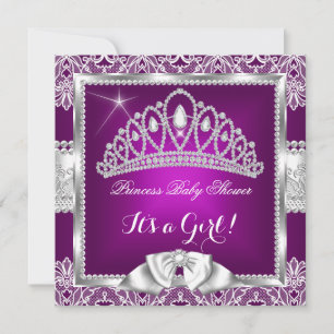 Prinses Baby Shower Meisje Pruim Roze Zilver Kant Kaart