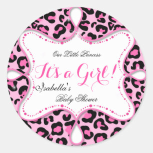 Prinses Baby Shower Meisje Roze Luipaard Ronde Sticker