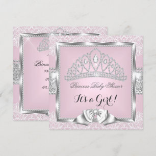Prinses Baby Shower Meisje Roze Zilver Kant 3 Kaart