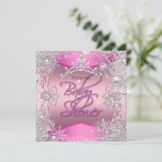 Prinses Baby Shower Meisje Roze Zilver Sneeuwvlokk Kaart (Staand voorkant)