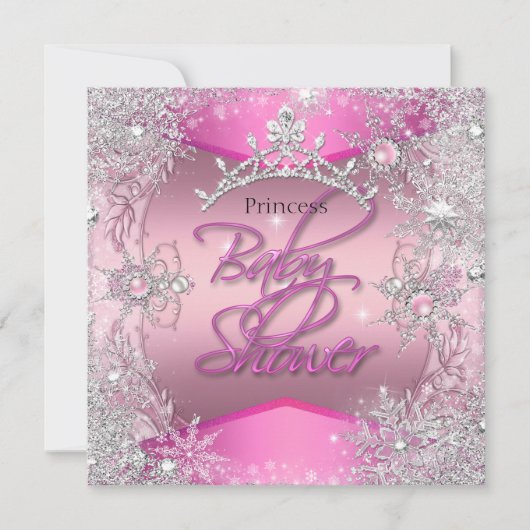 Prinses Baby Shower Meisje Roze Zilver Sneeuwvlokk Kaart (Voorkant)