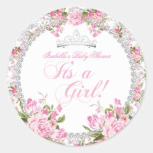 Prinses Baby Shower Meisje Vintage Roos Bloemig Ronde Sticker