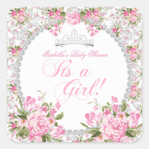 Prinses Baby Shower Meisje Vintage Roos Bloemig Vierkante Sticker