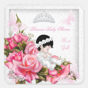 Prinses Baby Shower Meisje Vlinder Roze Roos 2 Vierkante Sticker