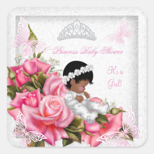 Prinses Baby Shower Meisje Vlinder Roze Roos 3 Vierkante Sticker