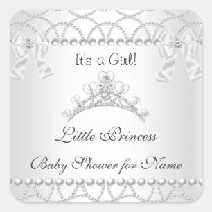 Prinses Baby Shower Meisje Zilver Witte Tiara 2 Vierkante Sticker