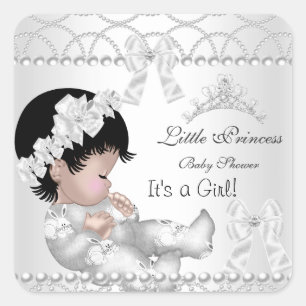 Prinses Baby Shower Meisje Zilver Witte Tiara Vierkante Sticker