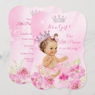 Prinses baby shower roze bloementuut bruine haren kaart
