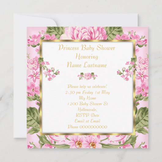 Prinses Baby Shower Roze Gouden Roos Bloemig Kaart (Achterkant)