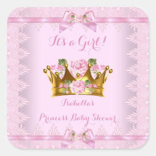 Prinses Baby Shower Roze Roos Kant Lint Vierkante Sticker