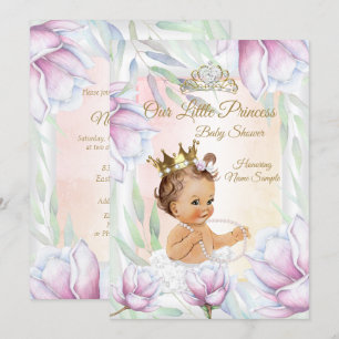Prinses Baby Shower Roze Sering Bloemen Bruinharig Kaart