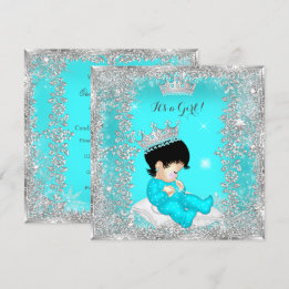 Prinses baby shower turquoise zilver bruinharig kaart